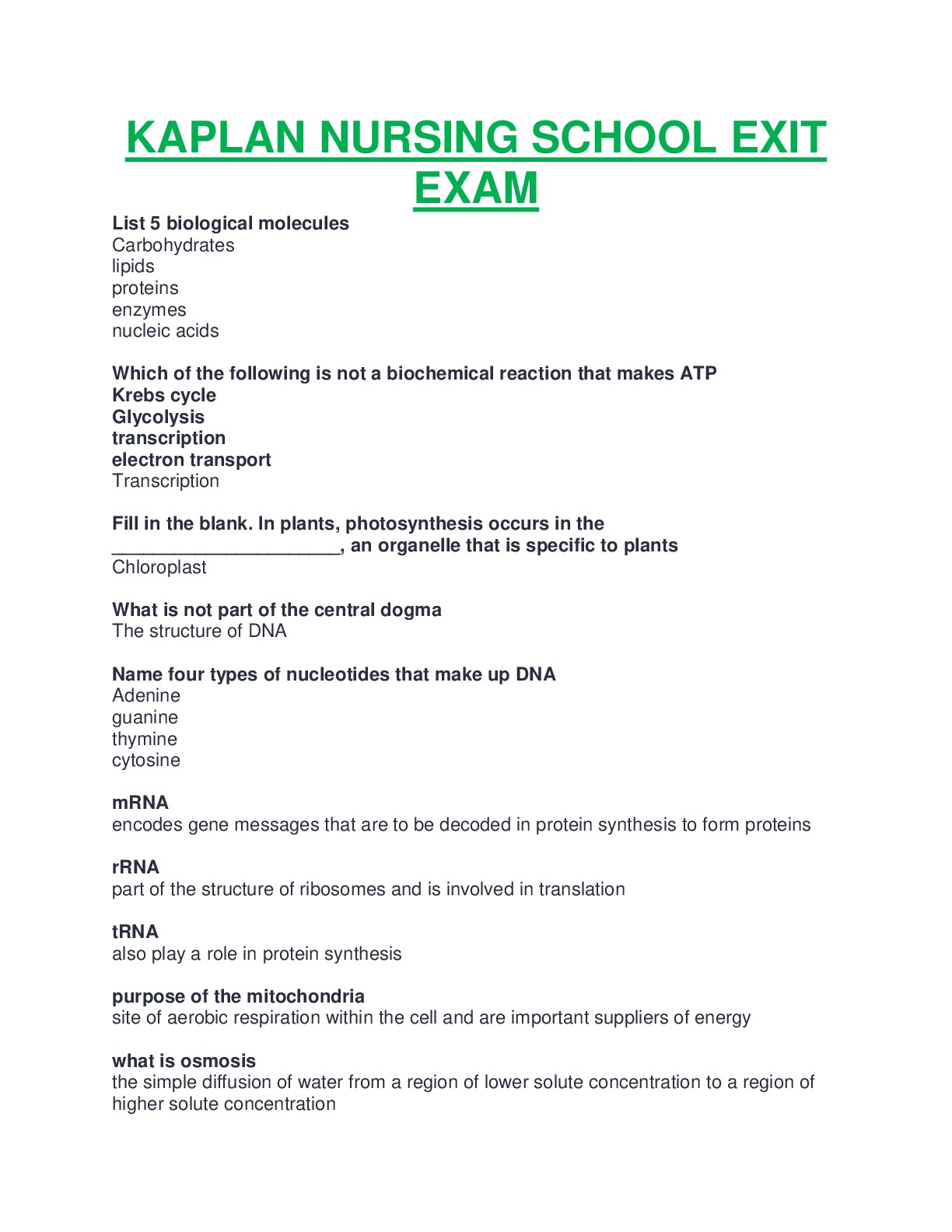 KAPLAN NURSING SCHOOL EXIT EXAM COMPLETE GUIDE SOLUTION RATED AND